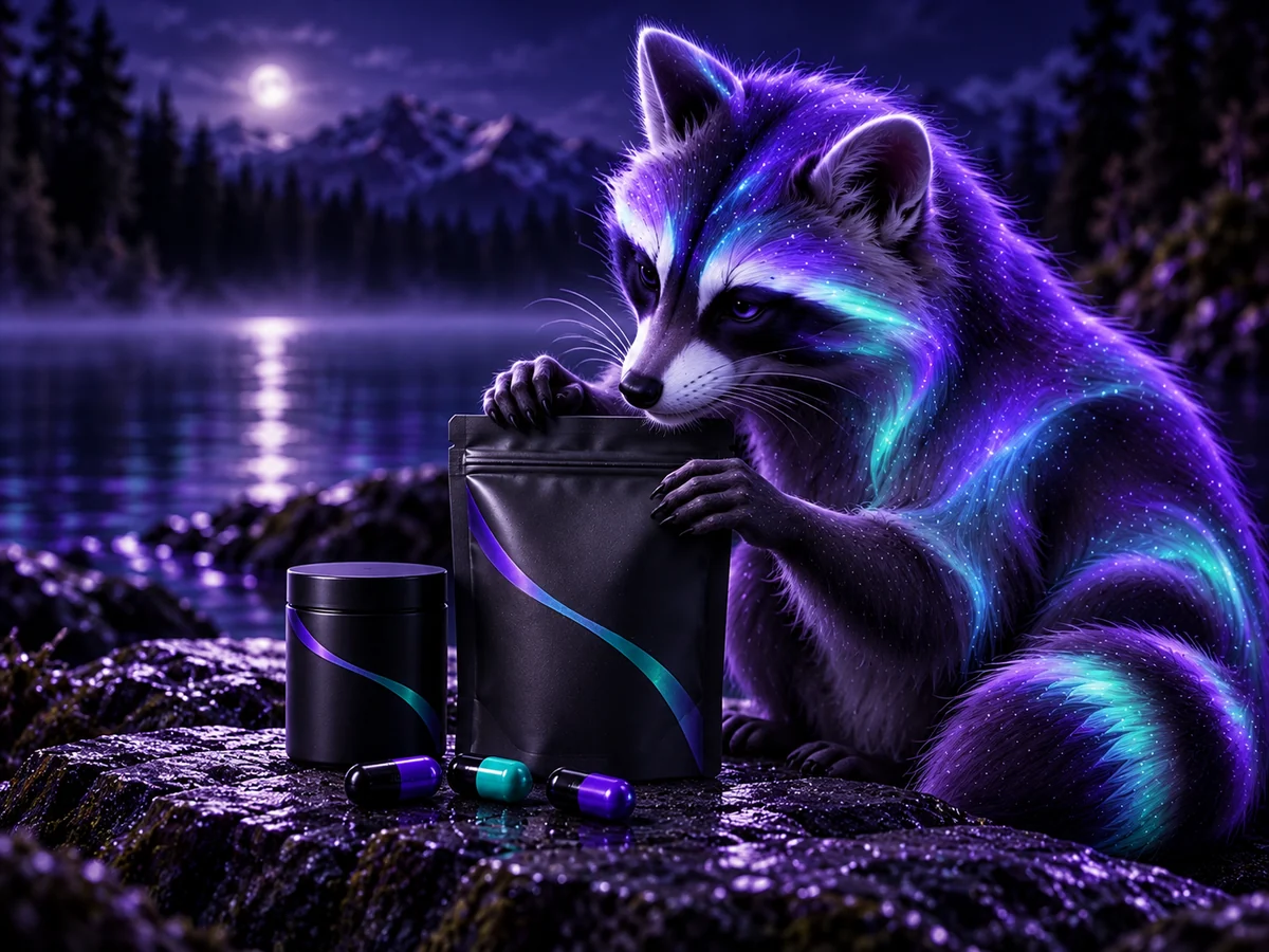 Illustration: Ein stilisierter Waschbär ertastet einen geschlossenen Pulverbeutel neben einer Dose und schwarz-violetten sowie schwarz-mintfarbenen Kapseln.