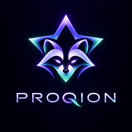 PROQION: ein Waschbärkopf im violett-mintfarbenen Stern.
